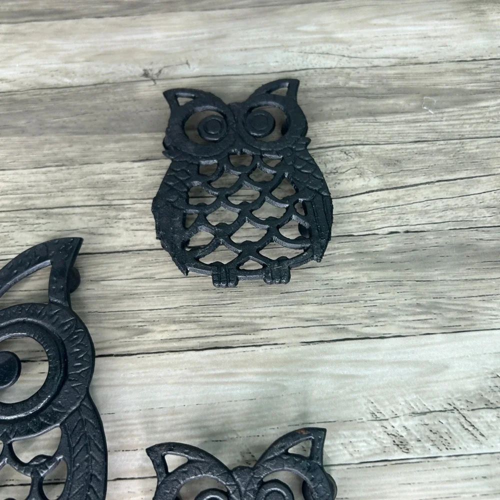 Vintage Owl Trivet Set Cast Iron Taiwan Kitchy Bird Decor Cottage Rustic Goth